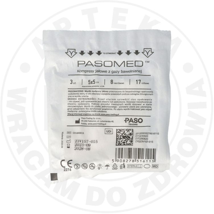 KOMPRESY JAŁOWE  PASOMED 5cm x 5cm 3 sztuki kompresy jałowe 5cm x 5cm, 3 szt.
