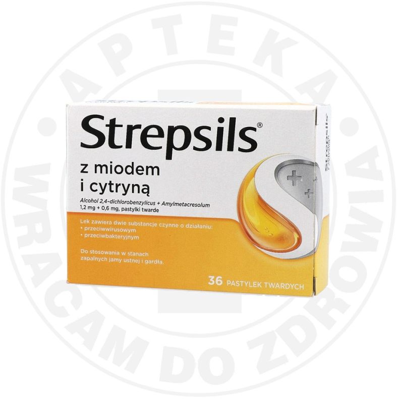 STREPSILS Z MIODEM I CYTRYNĄ pastylki twarde do ssania 1,2 mg + 0,6 mg, 36 past.